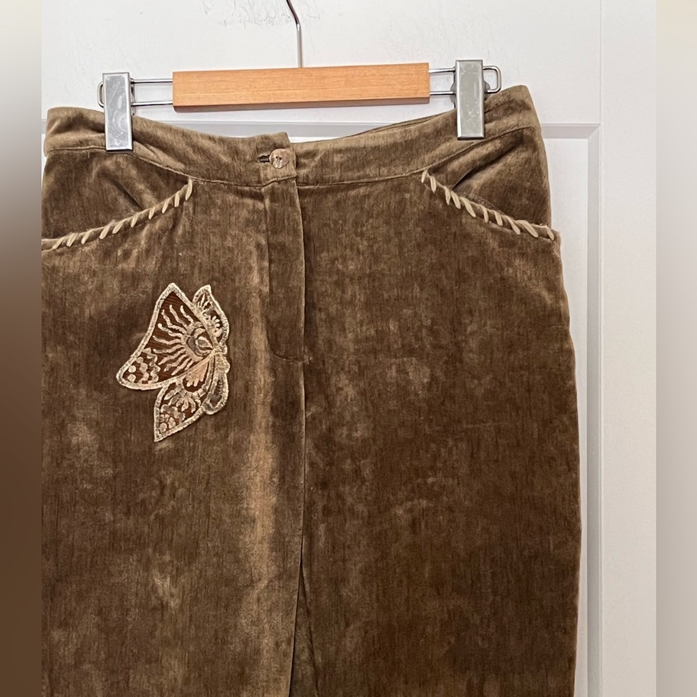 Vintage 90s Butterfly Embroidered Brown Velvet Monica Magni Italy Pants M